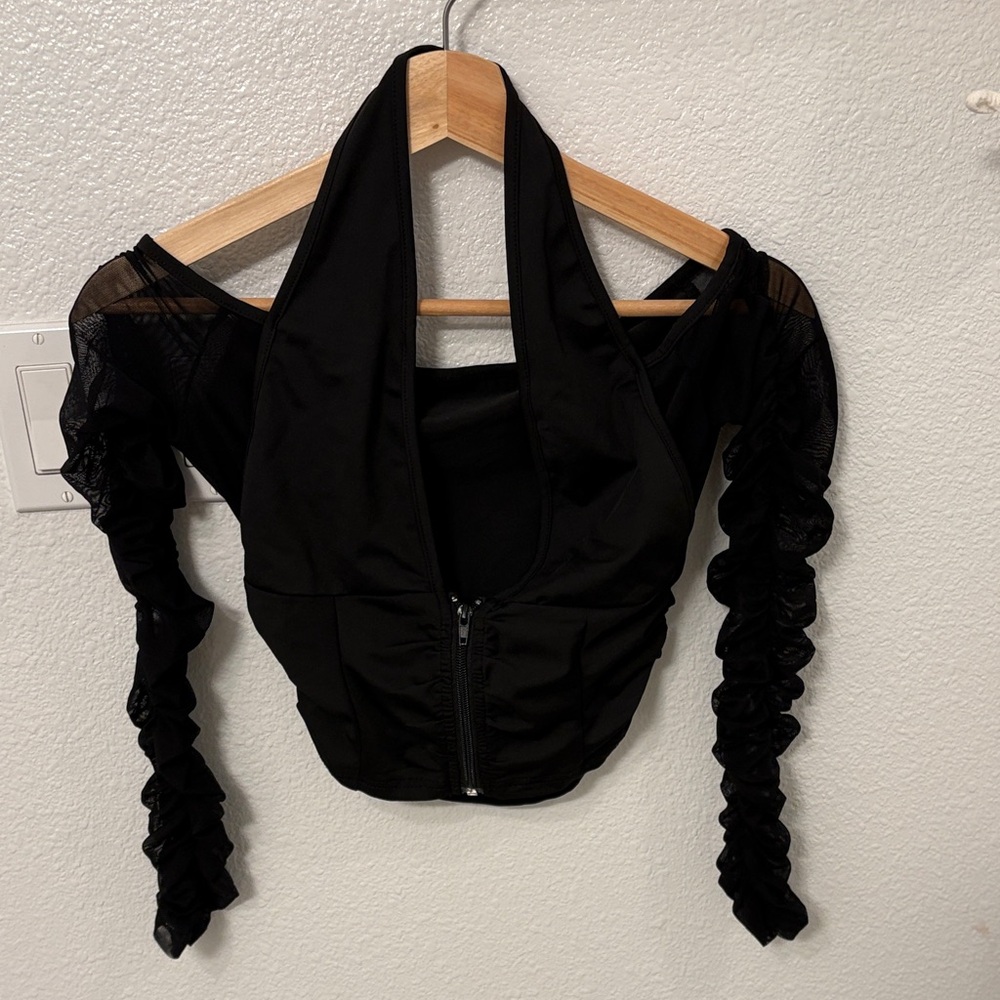 Elegant Black Women's Blouse with Mesh Sleeves